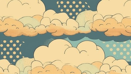 Cartoon cloudscape, retro design, dotted background, seamless pattern, kids' design