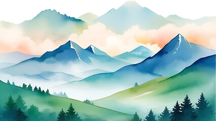 Watercolor Mountain Range Landscape Painting with Forest and Misty Valley