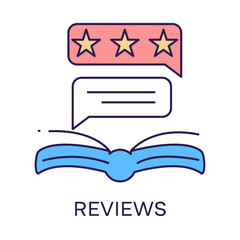 Reviews – Book with Star Ratings Representing Reader Opinions and Feedback with Editable Stroke