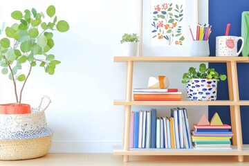 Cozy Organized Home Office Background With Colorful Books And Plants Creating A Uplifting Atmosphere For Virtual Meetings