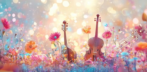 Two violins and musical notes amongst colorful vibrant wildflowers