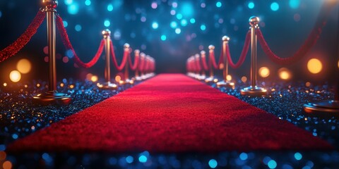 Red carpet event with elegant lighting and velvet ropes creating a glamorous entrance for guests in a festive atmosphere