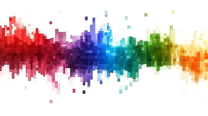 Fototapeta premium The image depicts a digital abstract artwork resembling a cityscape rendered in a vibrant rainbow pixelated style white and transparent background.