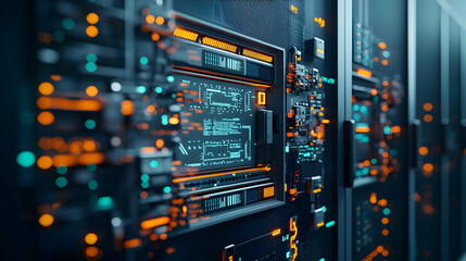 Naklejka premium Detailed Close-up Of Blue And Orange Lit Server Rack Panel Technology Background