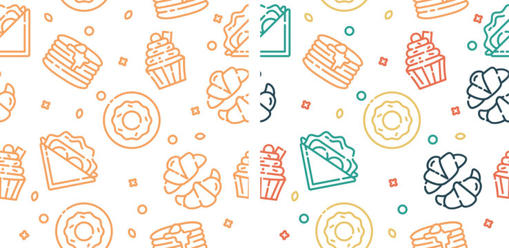 Fast food seamless pattern with vector line icons set