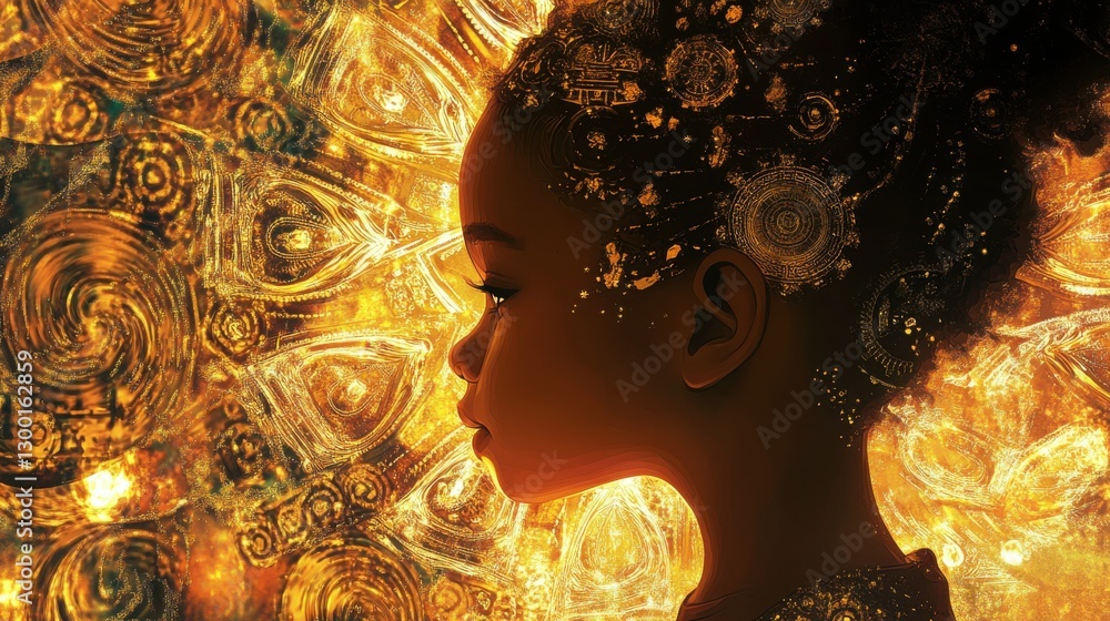 Poster Child radiating vibrant energy with glowing patterns against a warm background