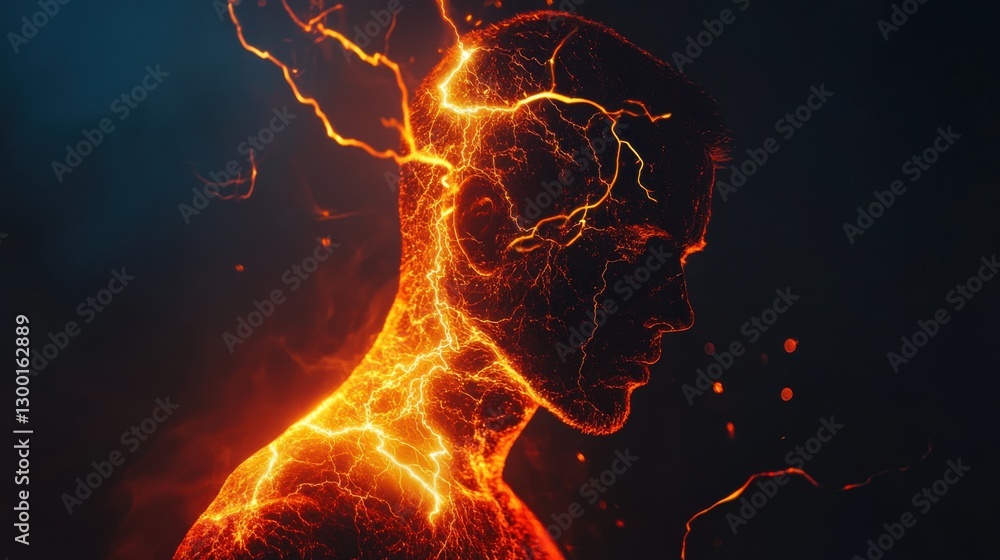 Poster vibrant portrait of a man glowing with luminous energy in a dark, dynamic backdrop during an artisti