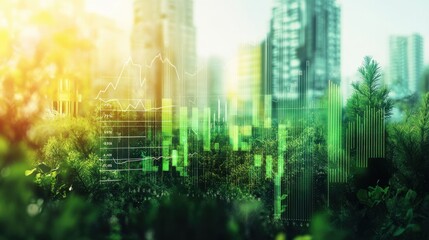 Vibrant double exposure of financial charts overlaying lush greenery in an urban landscape at sunrise