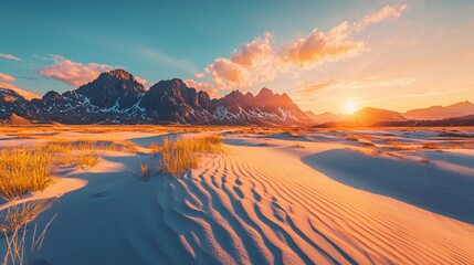 Fototapeta premium Vibrant Sunset Over a Sandy Desert with Mountain Range
