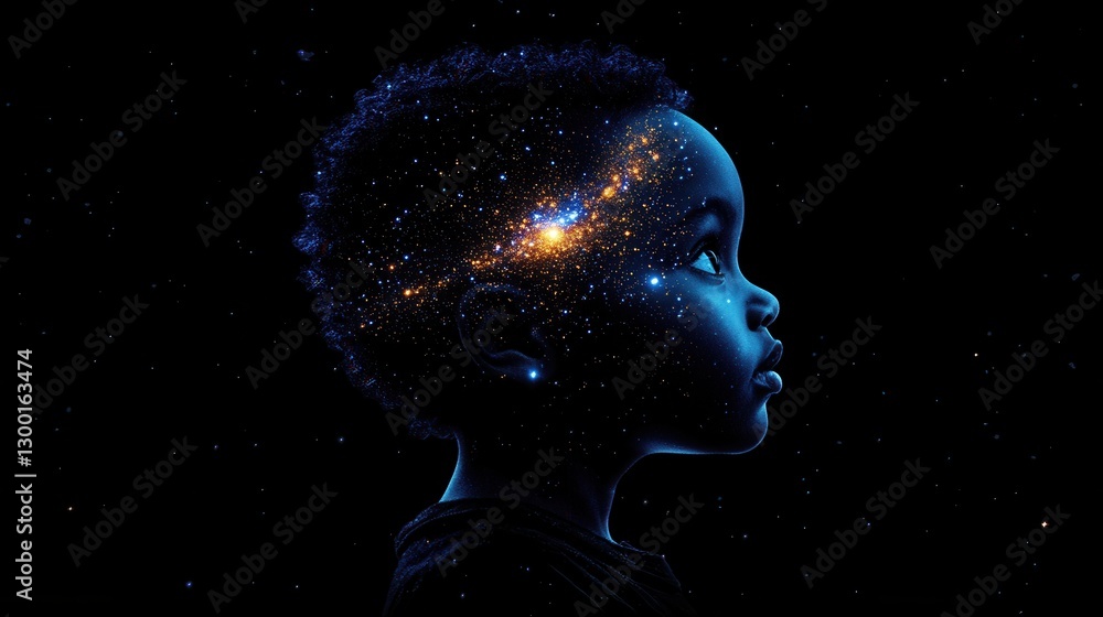 Poster surreal visualization of a child's silhouette against a cosmic background revealing the vastness of 