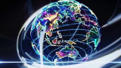 Rotating digital globe displaying glowing network connections, spinning plexus grid visualization with luminous circular reflections on dark cosmic backdrop - Powered by Adobe