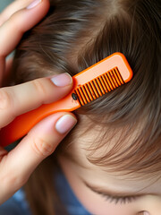 Close-up child's head with female hands searching for lice and nits in hair, combing through with orange comb for removal, Childhood and Parenting