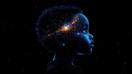 Surreal visualization of a child's silhouette against a cosmic background revealing the vastness of imagination