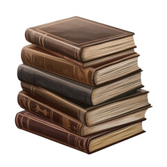 Stack of hardcover books with leather bindings isolated on transparent background