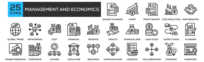 management and economics icon collection set. Containing design Budget Planning, Growth Chart, Profit Report, Cost Reduction, Business Partnerships