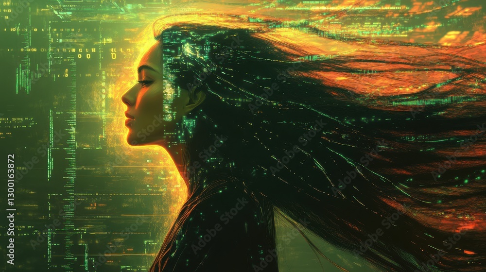 Leinwandbilder surreal profile of a woman blending with digital elements and lights in a futuristic setting
