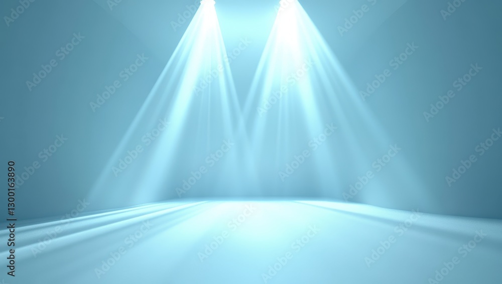Poster bright and modern stage lighting in an empty blue room with soft light beams casting dramatic shadow