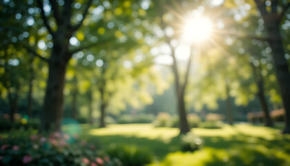Fototapeta premium Sun-Filled Garden Scene with Blurred Trees and Lush Green Grass on a Warm Day