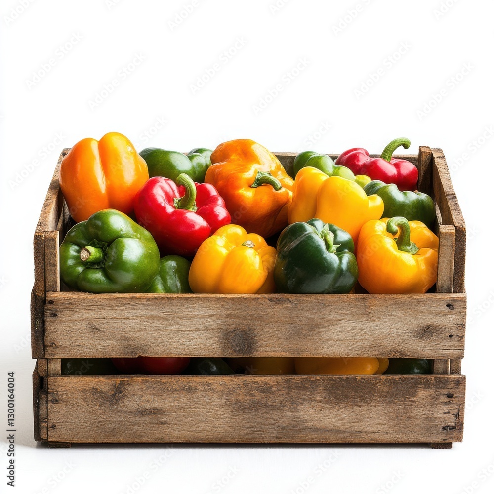 Poster colorful bell peppers in a rustic wooden crate displayed on a plain surface