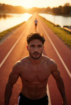Shirtless Male Runner on Track at Sunset