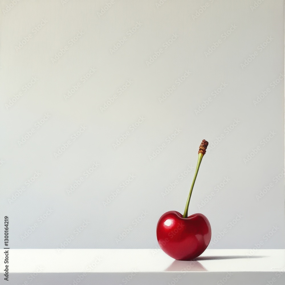 Poster Glossy red cherry resting on a clean surface under natural light in a simple setting