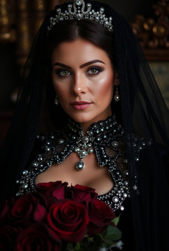 Mysterious Queen in Black Veil Holding Red Roses &ndash; Gothic Royalty