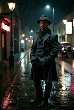 Mysterious Man in Fedora on Rainy Night Street &ndash; Film Noir 