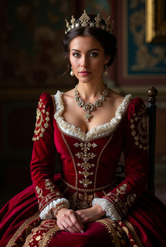 Regal Queen in Red and Gold Gown &ndash; Historical Royalty