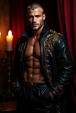 Shirtless Man in Ornate Leather Jacket &ndash; Dark Fantasy Power