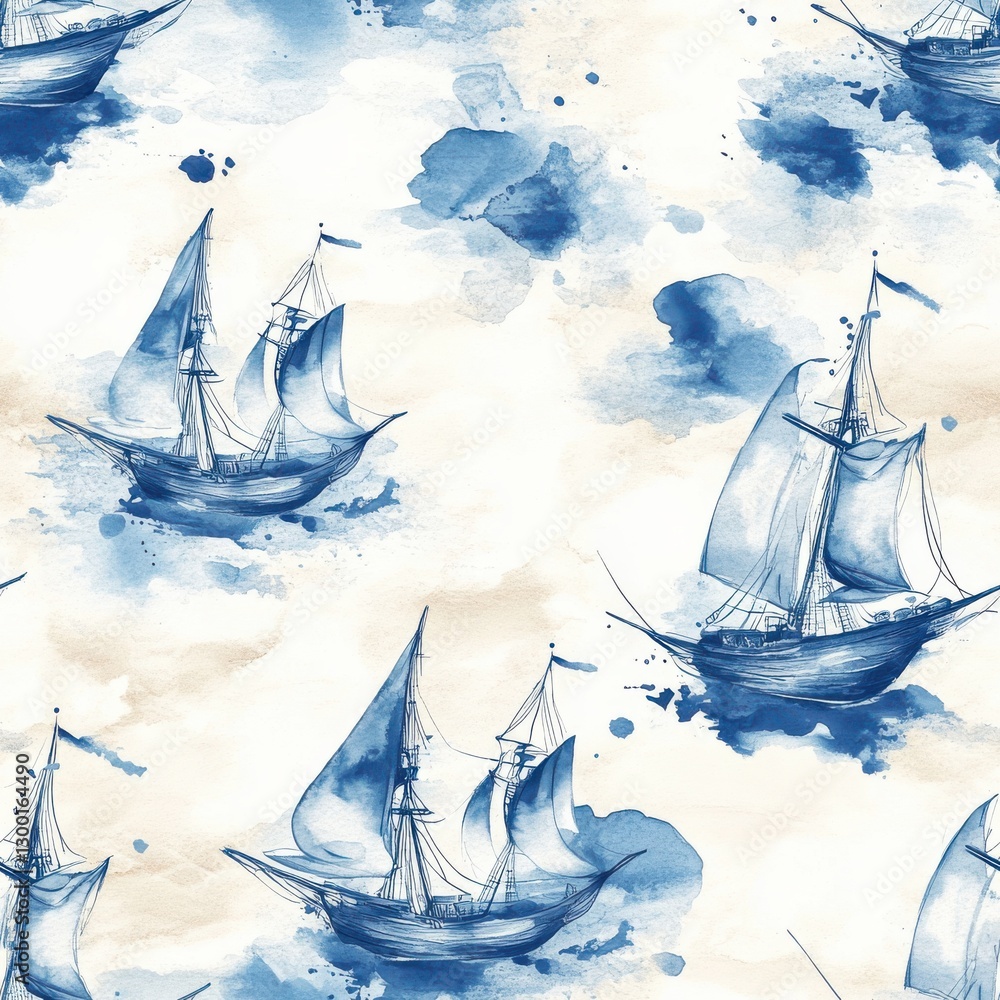 Aufkleber serene watercolor doodle of sailing ships on a calm sea with gentle waves and soft clouds