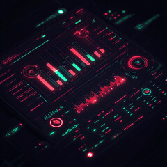 Obraz premium digital illustration presents a vibrant financial trading interface with glowing candlestick charts in red and green, set against a dark background, ideal for tech and investment content