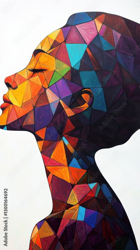 Poster Portrait of a woman with a colorful geometric pattern glowing gently in soft light in a tranquil setting