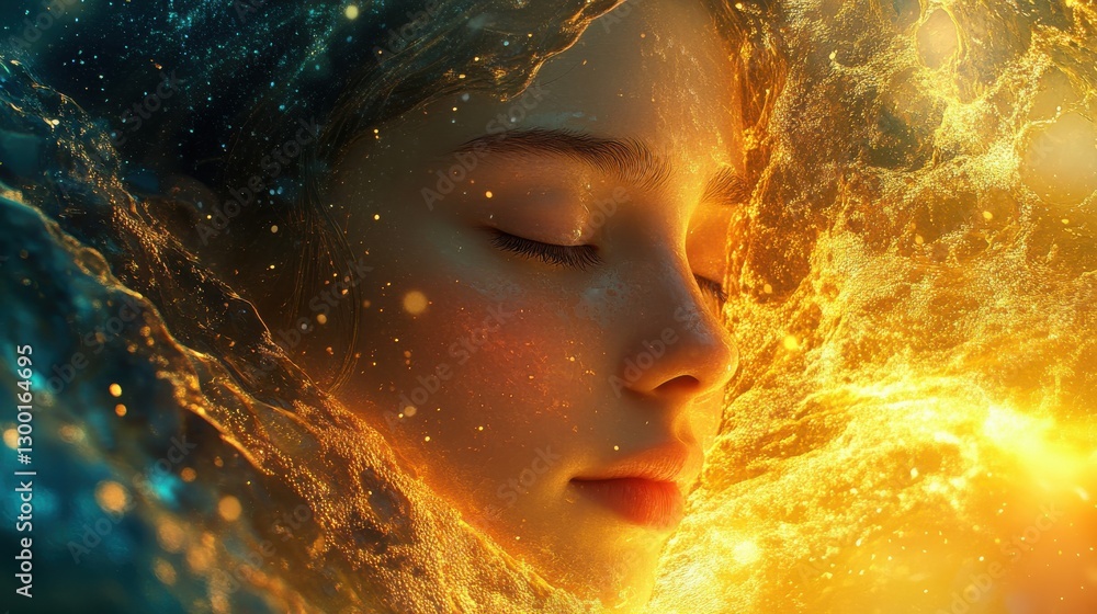 Aufkleber Serene portrait of a woman with glowing features surrounded by ethereal light in tranquil setting