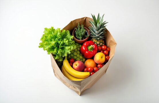 Top view of paper bag filled with fresh fruits and vegetables on white background. Healthy eating grocery concept. Pineapple, red bell pepper, tomatoes, bananas and lettuce inside shopping package.