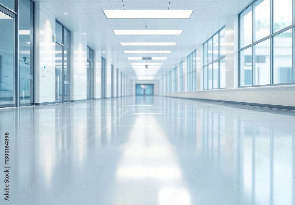 Poster bright and spacious modern corridor in an office building with large windows and reflective floors, 