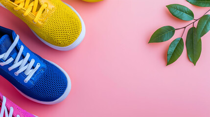 Colorful Sneakers Displayed On Pink Backdrop With Green Leaf Arrangement