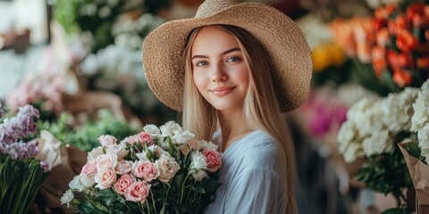 Woman holding a bouquet of fresh flowers in a market surrounded by blooming plants and vibrant colors
