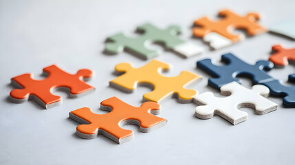 Obraz premium Colorful Puzzle Pieces Scattered on Light Gray Surface Representing Problem Solving and Collaboration