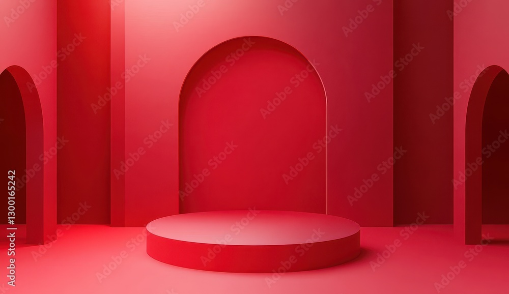 Poster bright and vibrant minimalist red interior space with arched features and circular platform for disp