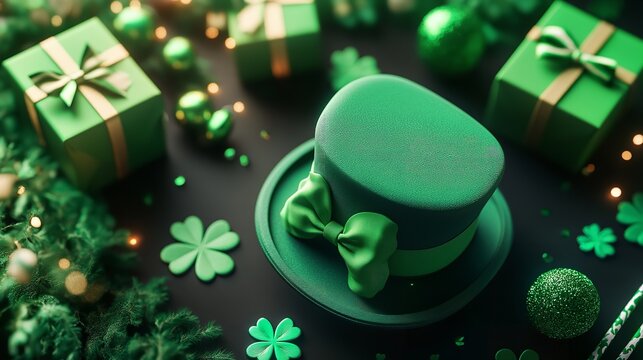 Festive St. Patrick's Day Scene with Green Top Hat, Gold Coins, Shamrocks, and Rustic Decor