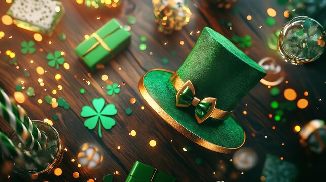 Festive St. Patrick's Day Scene with Green Top Hat, Gold Coins, Shamrocks, and Rustic Decor