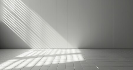 Sunlight serene white grey abstract room architecture wall floor corner hall corridor shine window beam led neon glowing geometry gloss minimal interior.