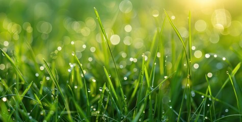 Fototapeta premium Grass leaf landscaped close-up wet water rain drop dew bokeh light morning wild jungle.
