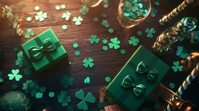 Festive St. Patrick's Day Scene with Green Top Hat, Gold Coins, Shamrocks, and Rustic Decor