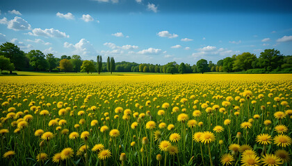 Fototapeta premium Expansive Yellow Dandelion Field Stretching beneath a Bright Blue Spring Sky