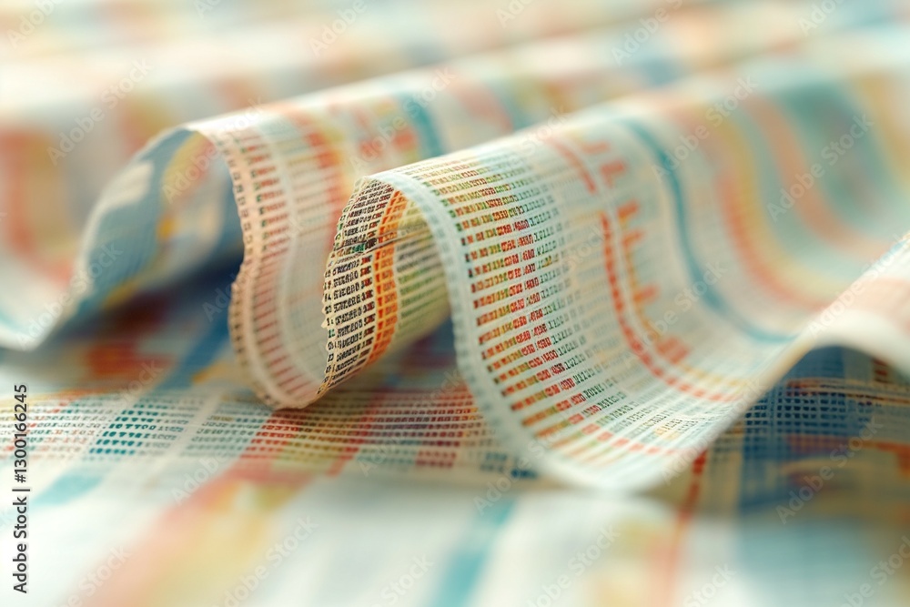 Poster close-up view of colorful fabric showcasing intricate patterns in blue, orange, and red hues.