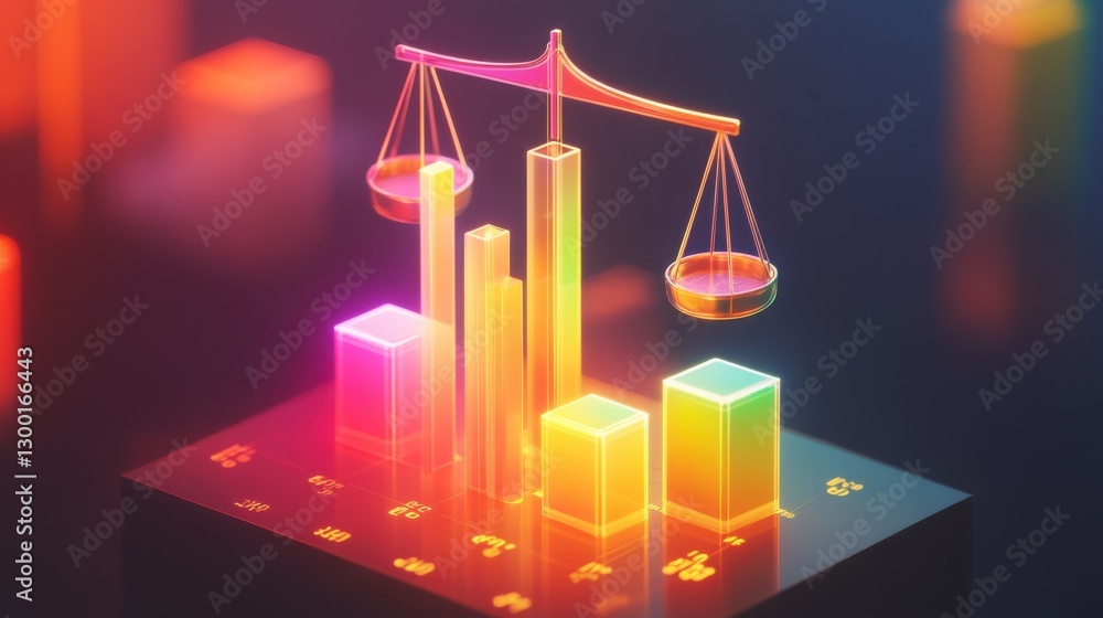Poster Harmonious blend of glowing symbolic scales balanced on colorful data bars in an abstract representation of justice and equity