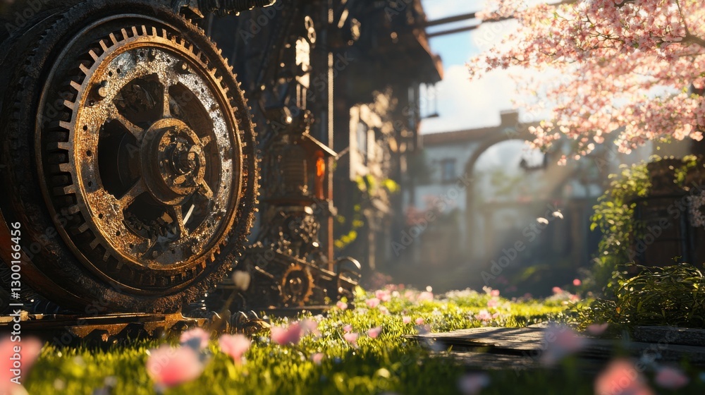 Aufkleber blend of gears and spades creates a tranquil setting with blooming trees in a sunlit garden
