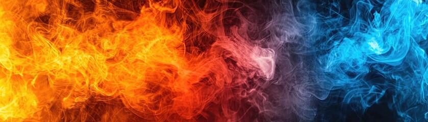 Fiery, icy smoke swirls, dark background, abstract art
