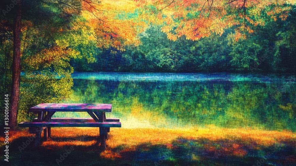 Poster glowing picnic table by the serene lake surrounded by colorful autumn foliage in the golden hour
